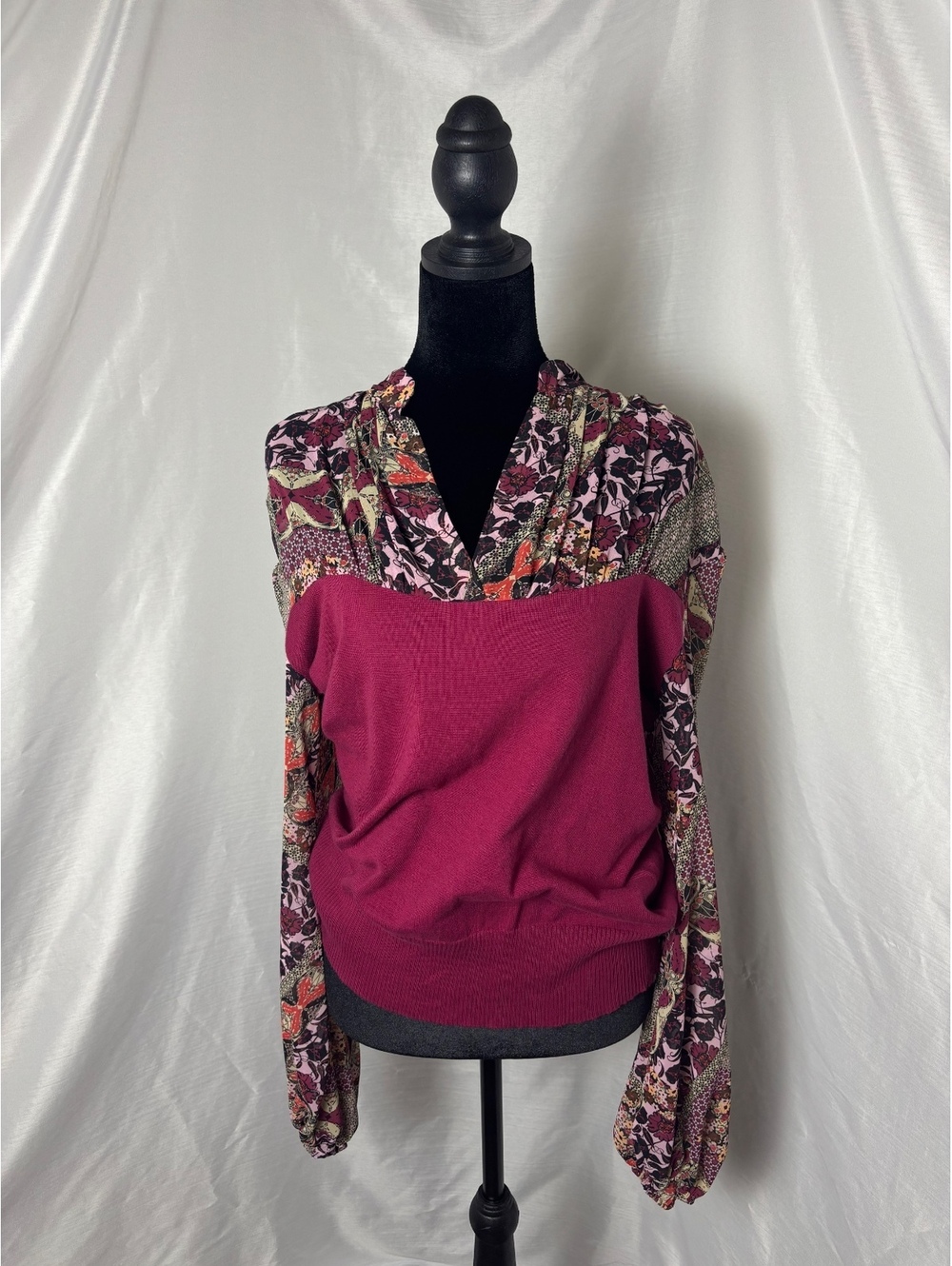 Bisou Bisou Women's Mixed Media Sweater, Size Small, Burgundy with Floral Print